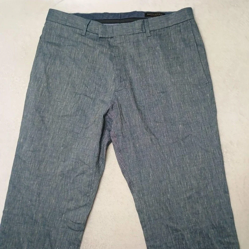 Banana Republic Pants Mens 32x30 Blue Chambray Linen Blend Dress Flat Front Work